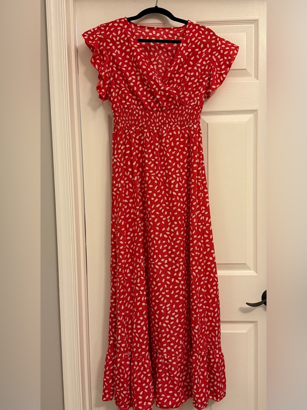Red/White Polka Dot Maxi Dress with Ruffle Sleeves